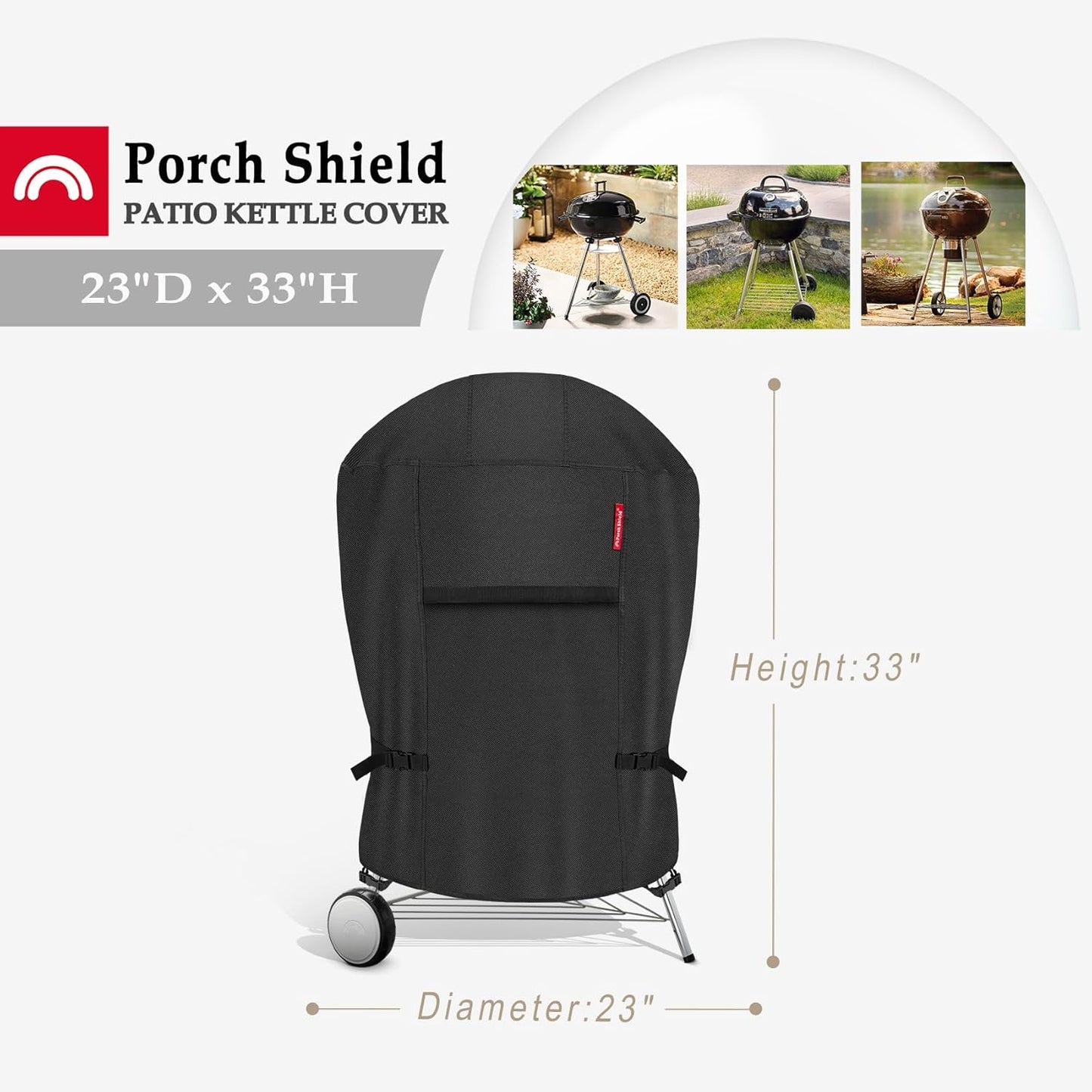 Porch Shield Outdoor Charcoal Kettle Grill Cover 18 inch Waterproof 600D Round Smoker Cover Fits Most Kettle Grill 23" Dia x 33" H, Black