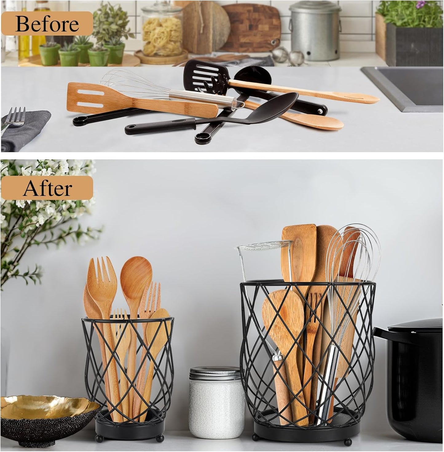 MACEVIA Utensil Holder for Kitchen Counter, Black Metal Organizer with Diatomaceous Earth Base, 7.5" + 5.4", Countertop Storage for Spoons,Spatulas and Cooking Utensils,Set of 2