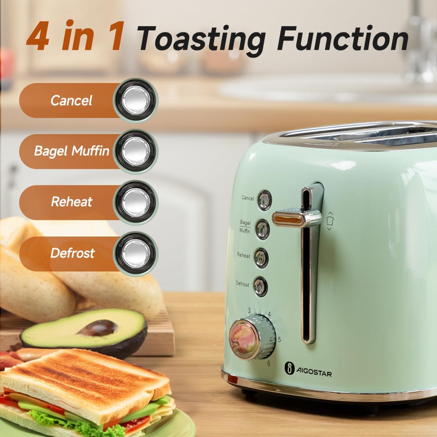Aigostar Toaster 2 Slice Retro Toaster Stainless Steel, 1.6 inch Extra Wide Slots Bread Toaster Bagel, Cancel, Defrost Function, 6 Shade Settings & Removable Crumb Tray for Bread Waffle, Aqua Green