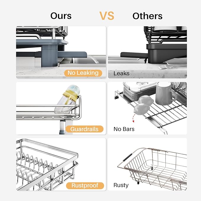 SNTD Dish Drying Rack - Extendable Dish Rack, Large Sink Drying Dish Drainer for Kitchen Counter, Stainless Steel Dish Strainer with Utensil Holder (Silver)