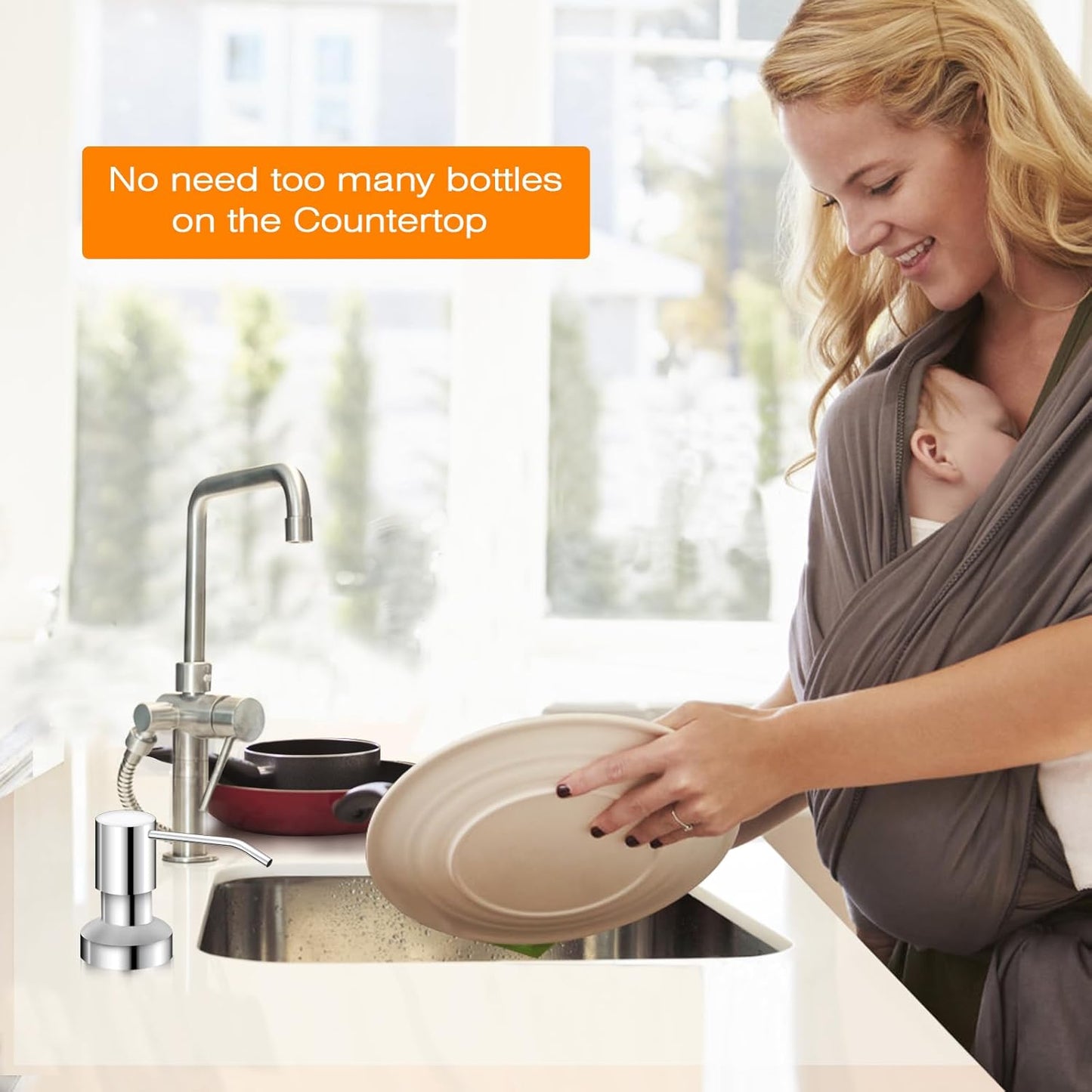 Sink Soap Dispenser for Kitchen Sink, Countertop Built in Sink Soap Dispenser with 47” Extension Tube kit, No Need to Fill The Little Bottle Again (Chrome)