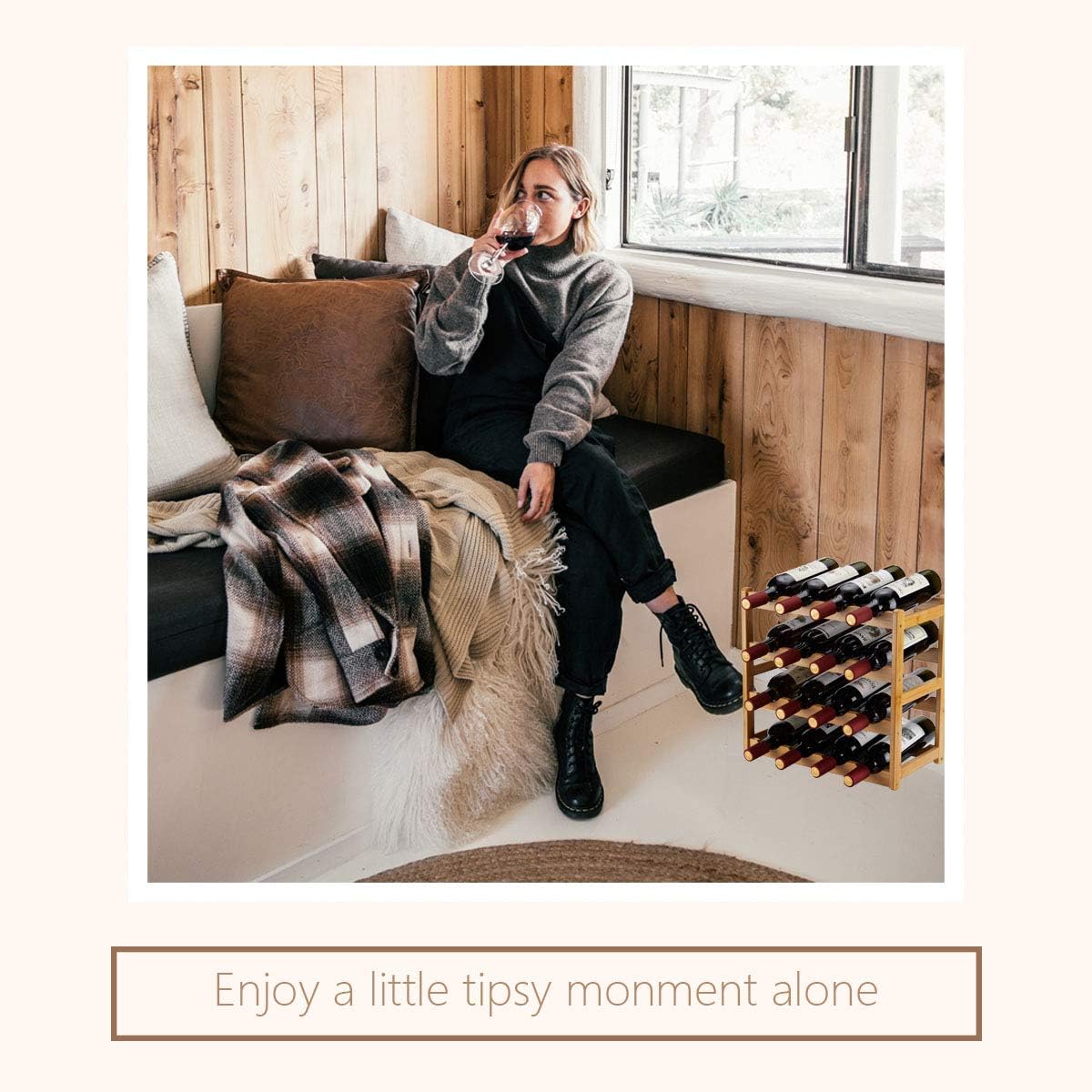 Bamboo Wine Rack, Sturdy and Durable Countertop Wine Storage Cabinet Shelf for Pantry - 4 Tiers 16 Bottle Wine Rack