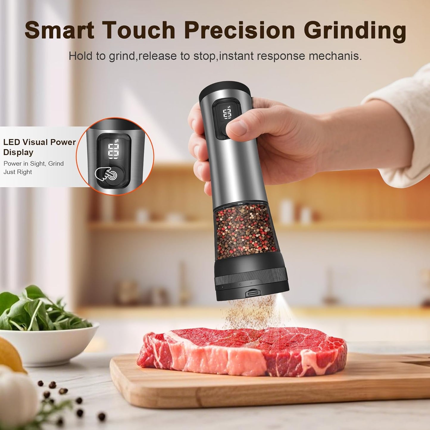Electric Salt and Pepper Grinder Set, 2-Speed Setting, Stainless Steel Rechargeable Automatic Pepper Mill Shakers with USB Charging Base,100ml Large Capacity, External Adjustable Coarseness,LED Light