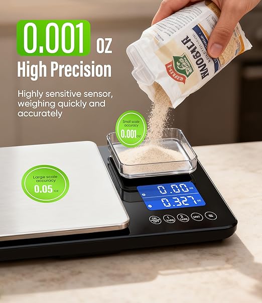 Digital Dual Platform Kitchen Scale, 33 lb Large & 1.1 lb Mini Food Scale with Dual-Line LCD Display, Stainless Steel, High Precision for Baking, Cooking, and Meal Prep