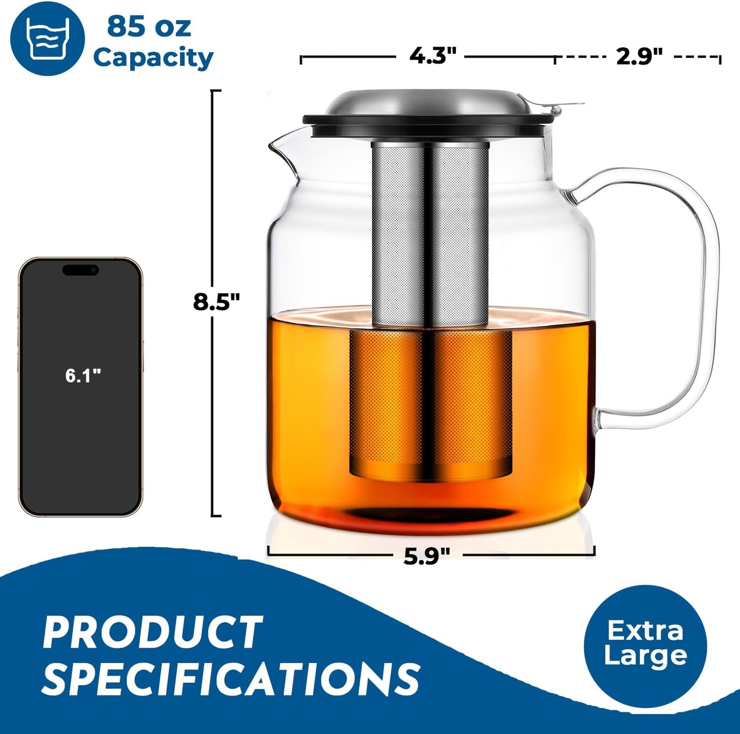 Aquach 85oz Glass Teapot with Stainless Steel Removable Infuser, Stovetop & Dishwasher Safe, Ideal for Brewing Loose Leaf & Blooming Tea