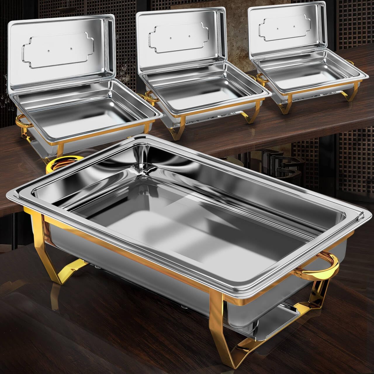 Chafing Dishes for Buffet 4 Pack, [Elegant Gold and Silver] Stainless Steel Chafing Dish Buffet Set, 9QT No-Finger Cut Roll Edge Chafers and Buffet Warmers Sets for Party (Gold Full Panx4)