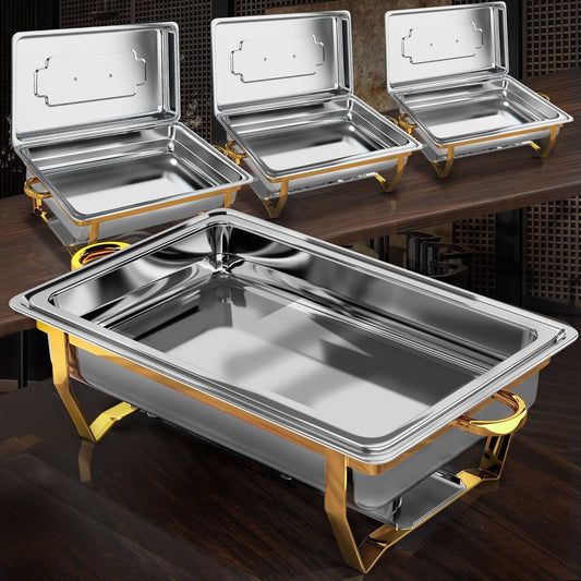 Chafing Dishes for Buffet 4 Pack, [Elegant Gold and Silver] Stainless Steel Chafing Dish Buffet Set, 9QT No-Finger Cut Roll Edge Chafers and Buffet Warmers Sets for Party (Gold Full Panx4)