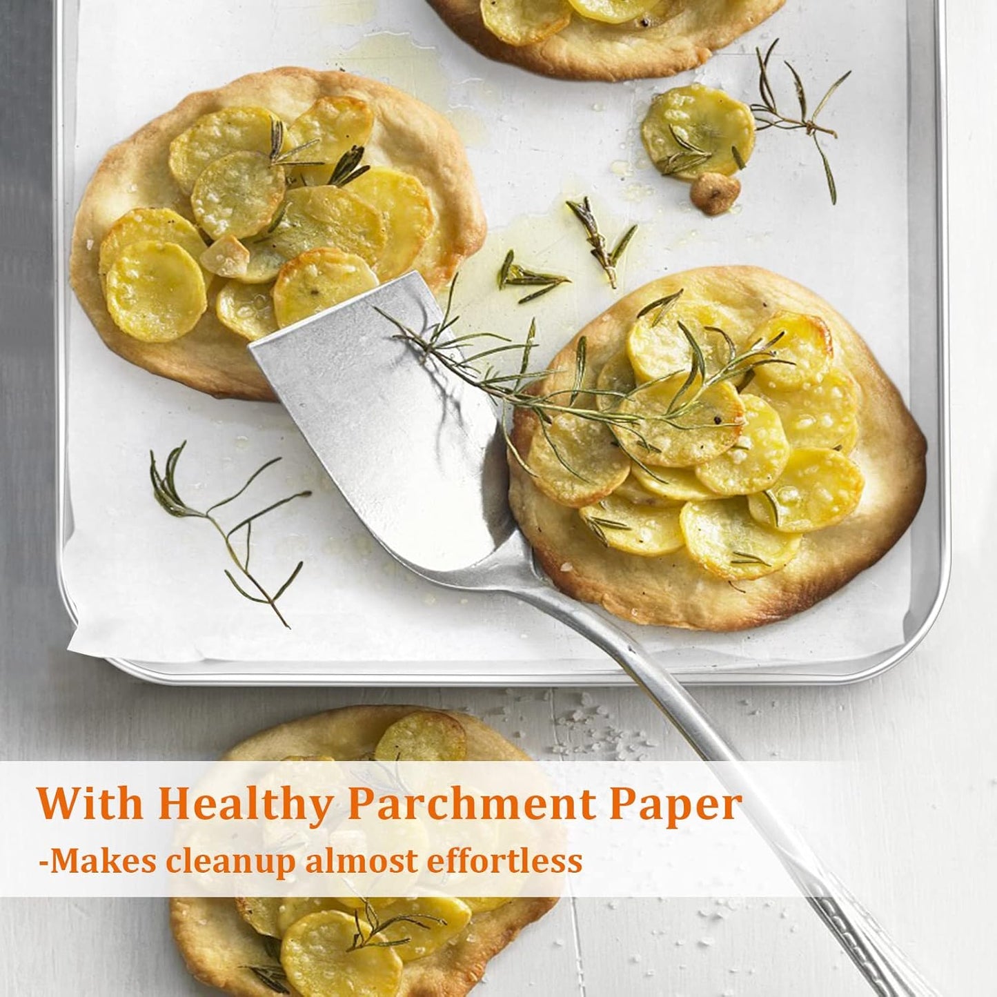 Small Baking Sheet Set of 2, E-far 9.4”x7.3” Toaster Oven Stainless Steel Cookies Sheet Pan with 50 Parchment Paper, Rectangle Mini Baking Tray for Cooking, Rust Free & Heavy Duty, Dishwasher Safe