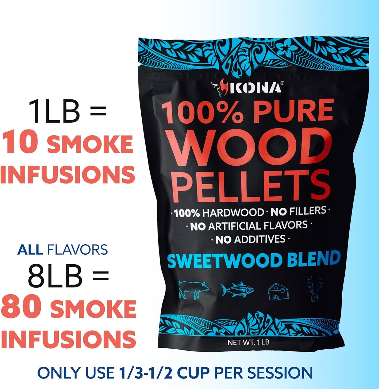 Kona Premium BBQ Wood Pellets Offer high BTU, Clean-Burning, Low-ash, and Low-Moisture for Great Flavor. No Soaking Needed. Includes 8 Varieties. Use 1/3-1/2 Cup per Session for Hours of Smoking.