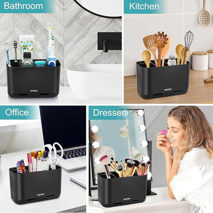 Boperzi Toothbrush Holders for Bathrooms Organizers and Storage, Large Tooth Brush Holders with Drainage, Anti-Slip Electric Toothbrush and Toothpaste Holders Caddy for Shower Kids Family, Black