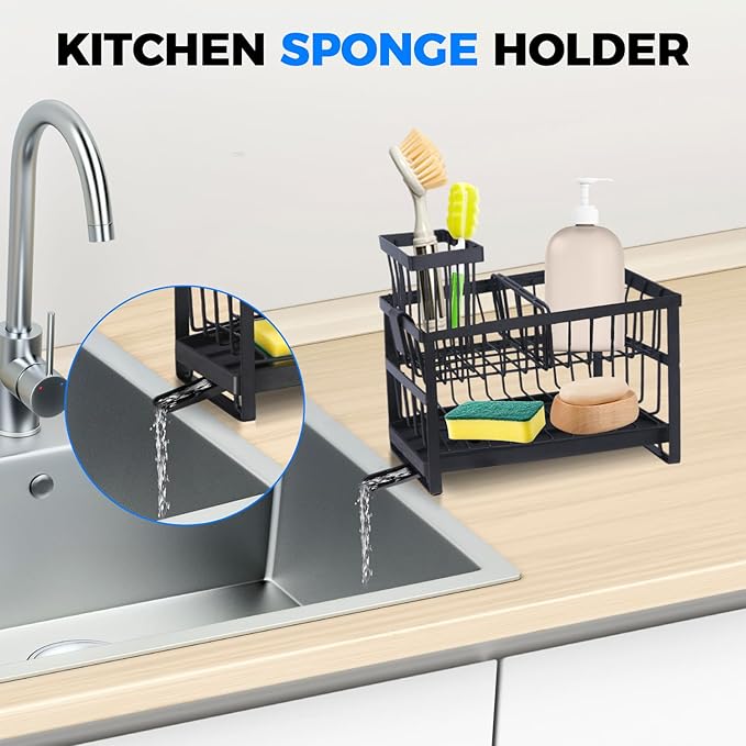 2-Tier Sponge Holder for Kitchen Sink,Self Drain Sink Caddy with Brush Holder, Countertop Accessory for Sponges, Brushes and Dish Rags,Kitchen Countertop Organizers and Storage Essentials