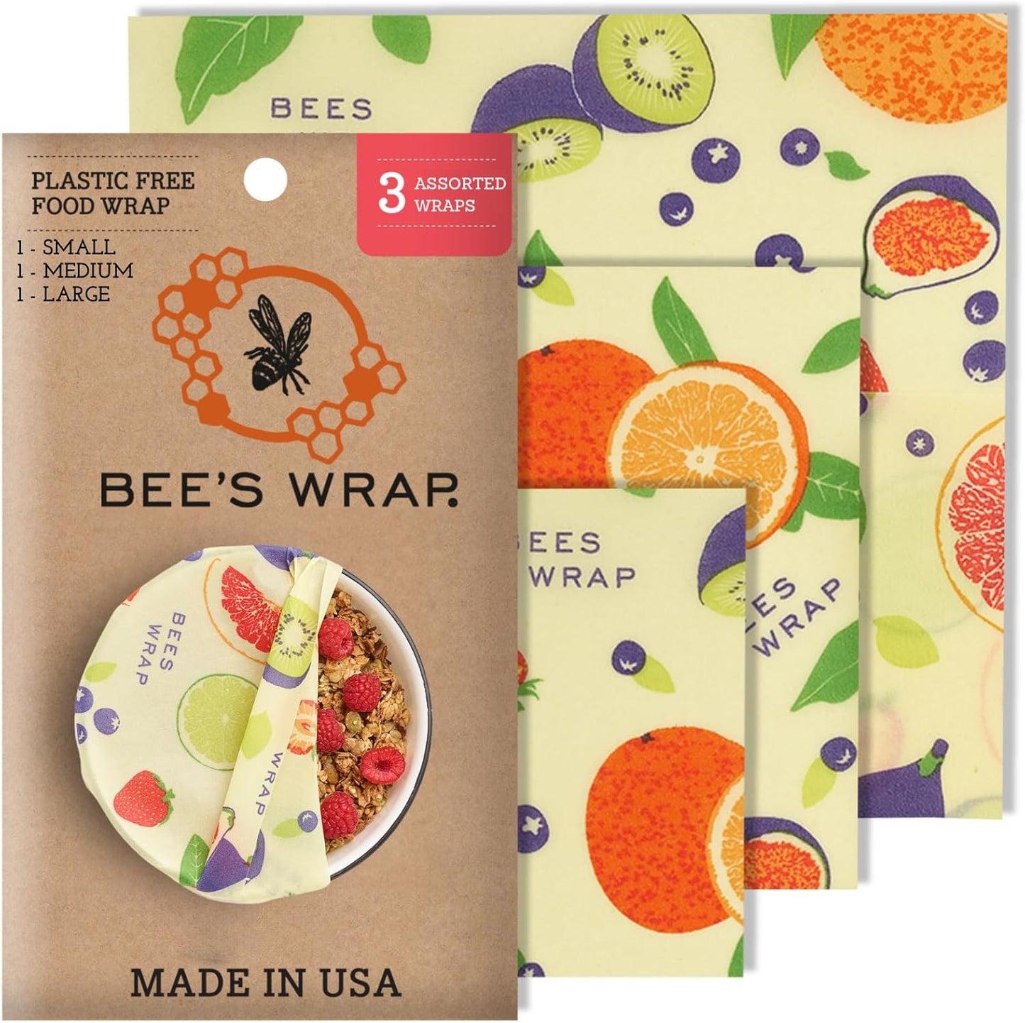 Bee's Wrap Beeswax Wraps for Food - Fresh Fruit 3 Pack (S, M, L) Made in USA Reusable & Organic Food Wraps, Sandwich Wrap & Bowl Covers - Eco-Friendly Alternative to Aluminum Foil & Plastic Wrap