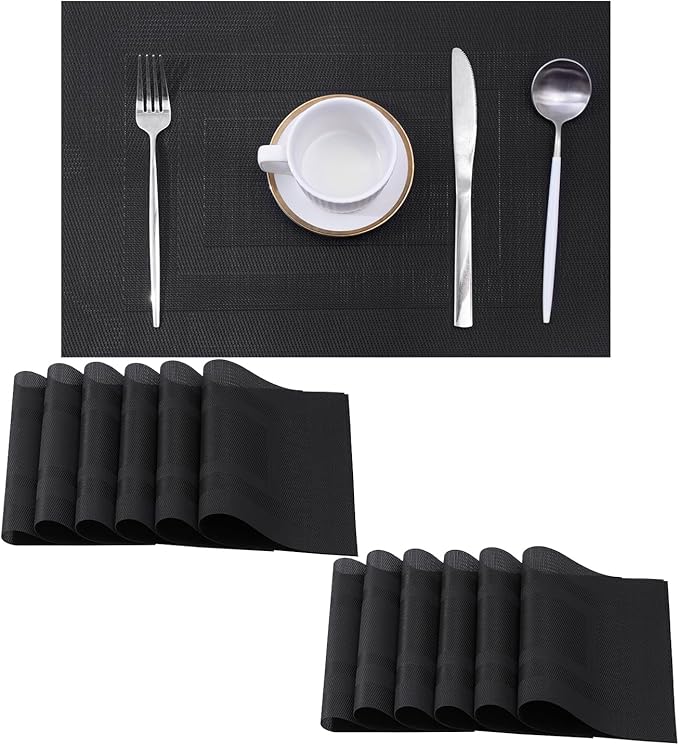 Leetaltree Black Frame Placemats Set of 12 - Heat Resistant Non-Slip Place mats for Dining Table, Washable Durable PVC Vinyl Woven Table Mats（Black Frame, 12）