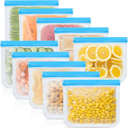 10 Pack Reusable Storage Bags, Dishwasher Safe Reusable Food Storage Bags, Silicone Leak proof Freezer Bag for Lunch, Sandwich, Snack, Marinate Meat, Salad Fruit