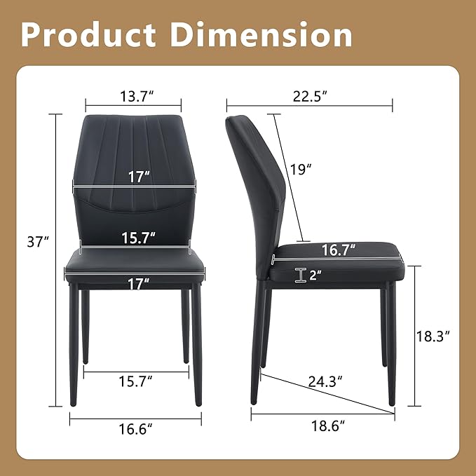 Black Dining Chairs Set of 8, Modern PU Leather Kitchen Chairs with Soft Cushion and Black Metal Legs, Waterproof and Easy to Clean, Armless Dining Chairs for Dining Room,Kitchen,Apartment