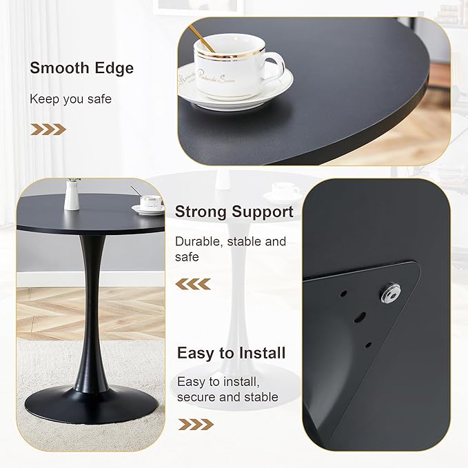 32" Round Dining Table Set for 2, Indoor Bistro Table and Chairs Set of 2, Breakfast Table Set with Leather Upholstered Chairs, Ideal for Apartment,Kitchen, Office, Save Space(Black)