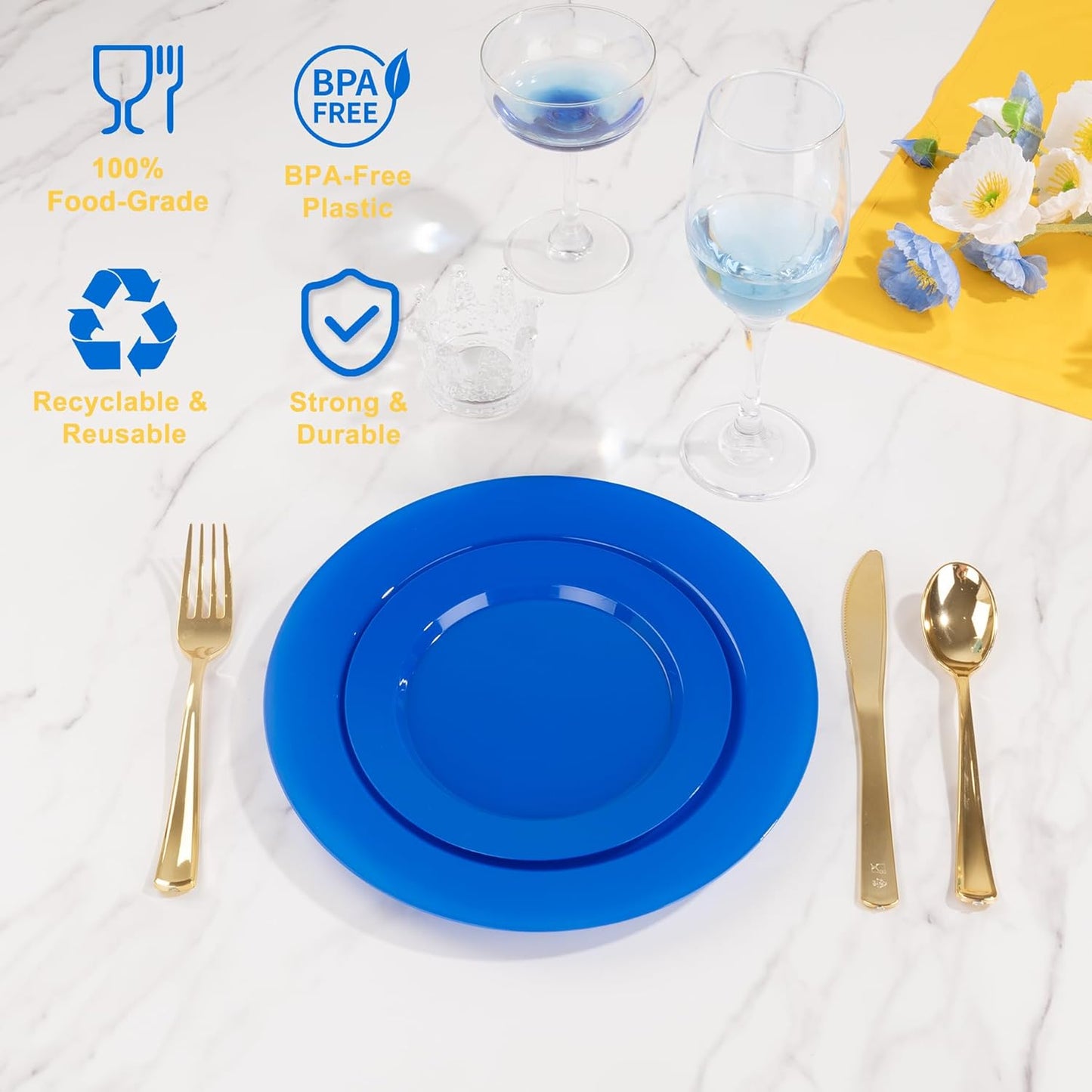 I00000 200 Pcs Blue Plastic Plates, Disposable Party Plates Include 100 Blue Dinner Plate 10’’ and 100 Plastic Dessert Plate 7’’ Perfect for Birthday, Party & Wedding