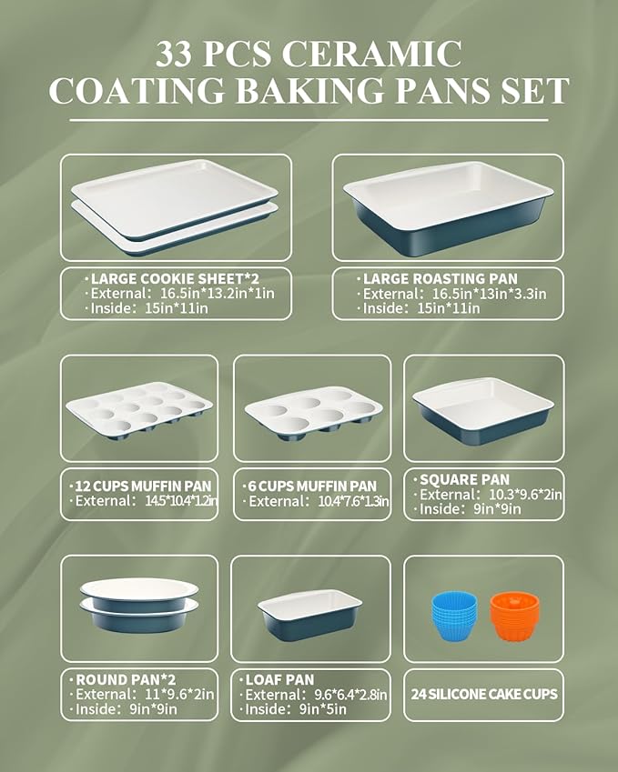 Ceramic Nonstick Baking Pans Set, Non Toxic 33 PCS Stackable Bakeware Sets, 550°F Oven Safe Baking Sheet & Pans, Warp-Free, Dishwasher Safe, PTFE/PFOA/PFOS-Free (Blue)