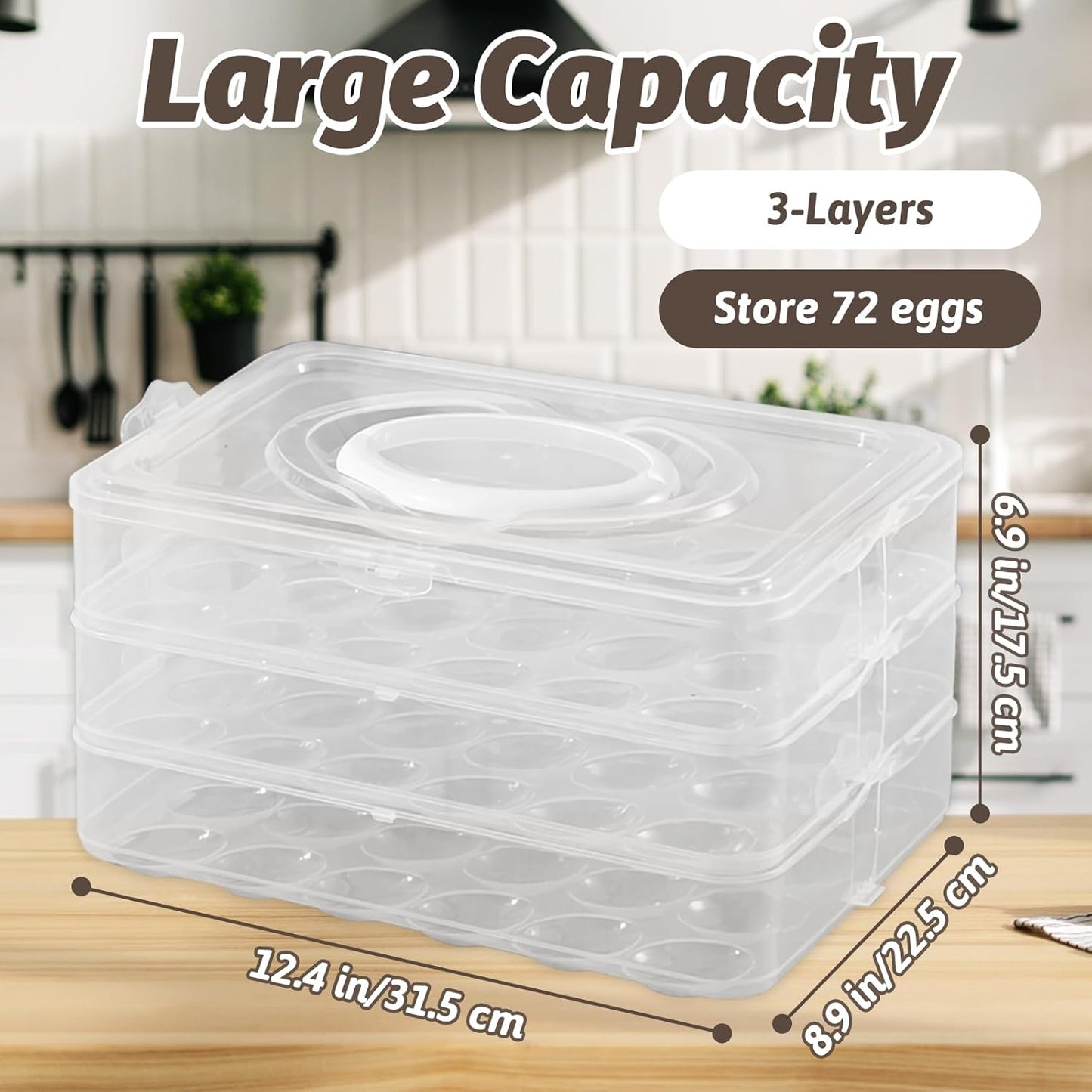 Egg Holder for 72 Eggs,3-Layer Plastic Egg Container,Deviled Egg Tray with Handle Lid,Devil Egg Holder for Refrigerator,Kitchen,Easter Party,Keep Fresh