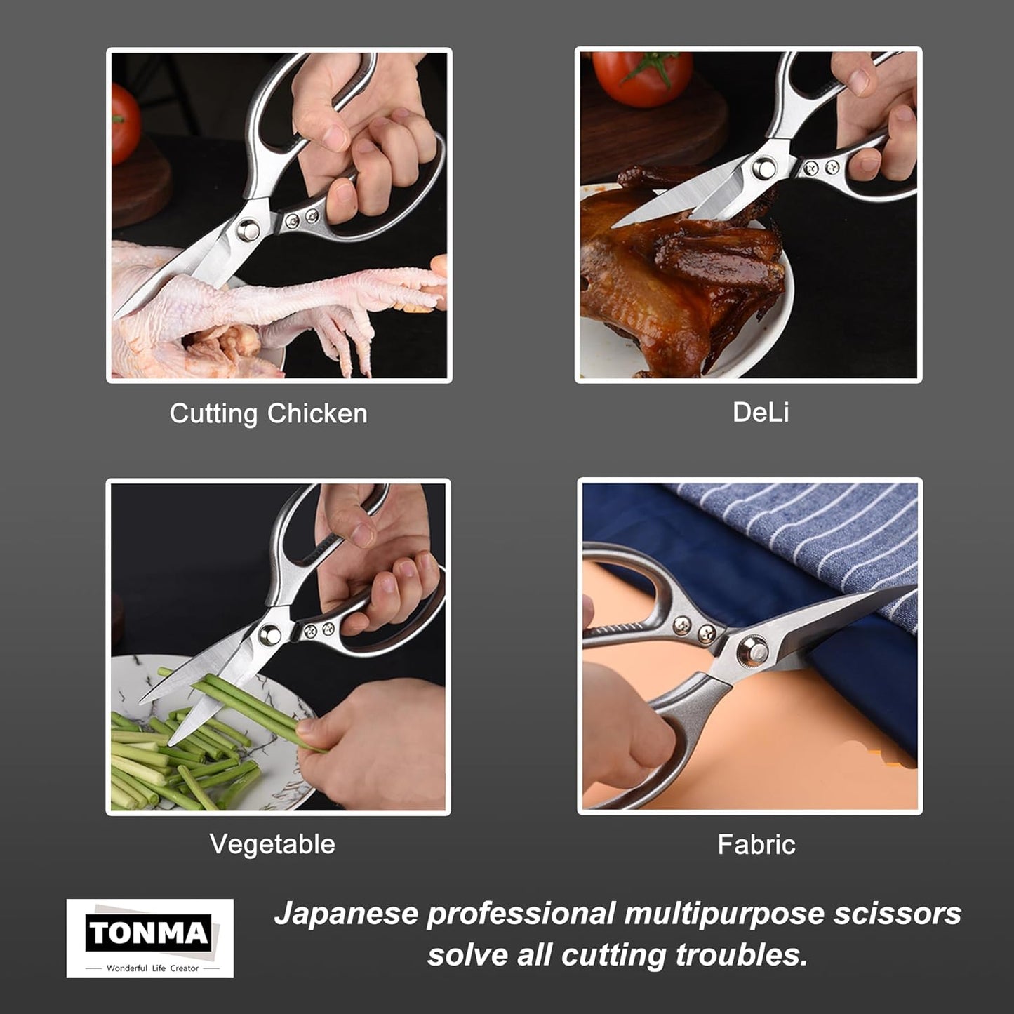 TONMA Kitchen Scissors All Purpose [Made in Japan] Effortless Cutting, Quality Japanese Ergonomic Handle Heavy Duty Poultry Shears for Herbs, Chicken, Food, Office, Leather