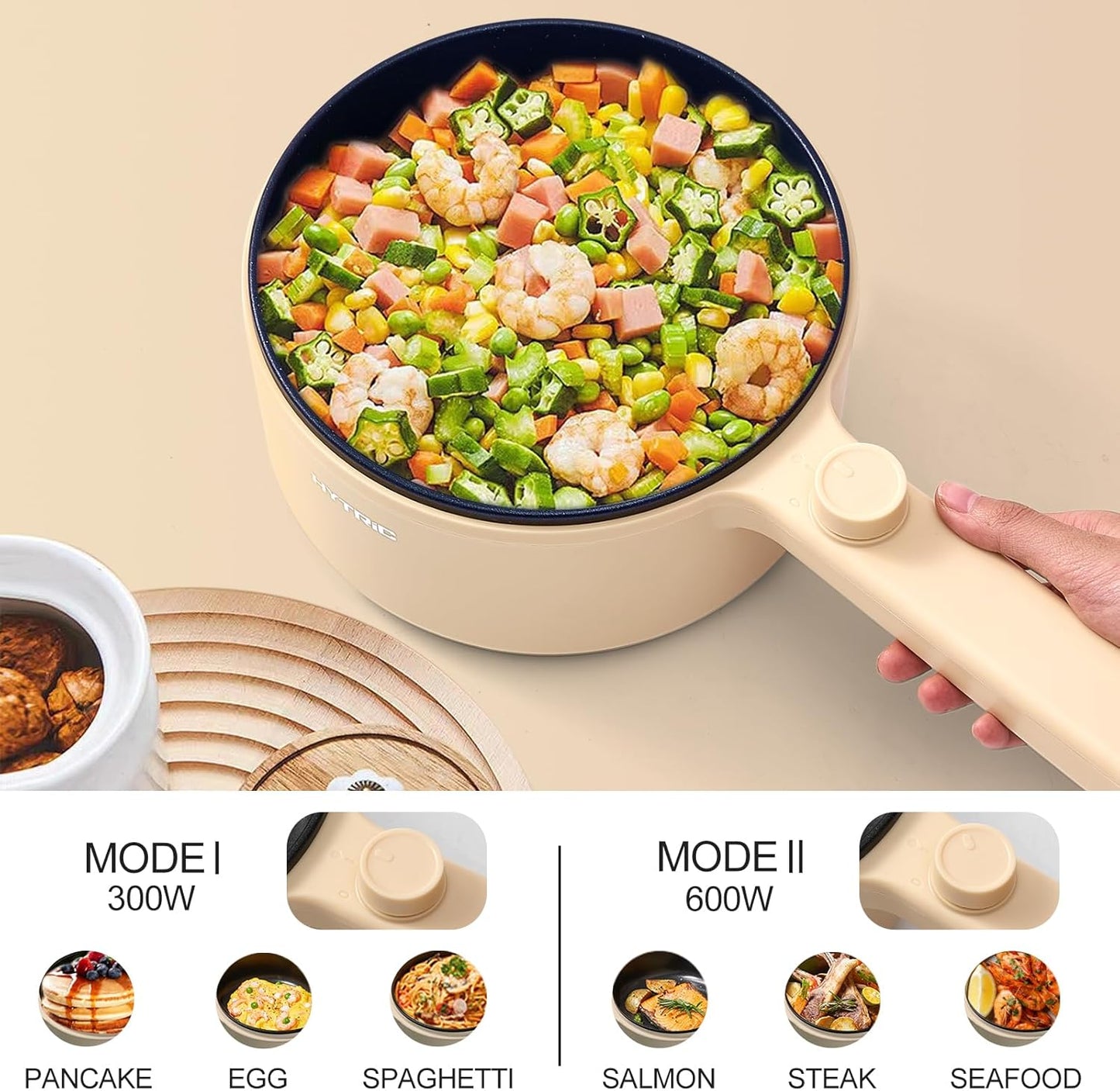 HYTRIC Hot Pot Electric with Steamer, 1.5L Portable Non-stick Frying Pan, Electric Cooker for Steak, Egg, Pasta, Ramen Cooker with Dual Power Control, Electric Pot for Office, Dorm, Camping, Yellow