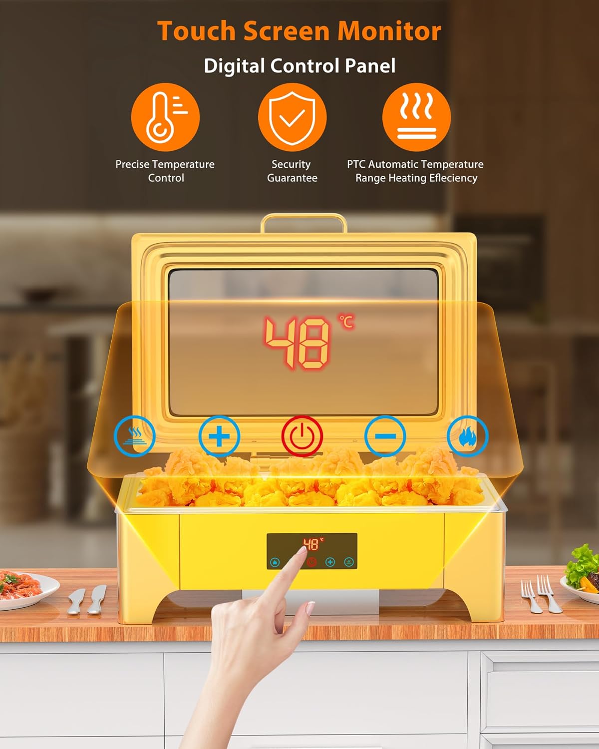 Electric Chafing Dish, 9QT Full Size Touch Screen Chafing Dishes for Buffet Roll Top Set Food Servers and Warmer with Glass Lid for Catering, Parties, Weddings, Gold