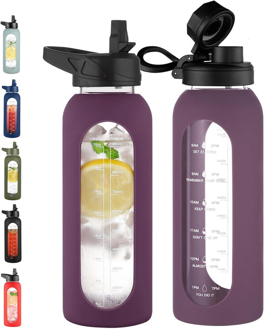 CIVAGO 40 oz Glass Water Bottle with Straw and Handle, Large Sports Motivational Water Bottle Flask with Time Marker and 2 Lids, Leakproof Water Jug Canteen with Silicone Sleeve for Gym,Mauve