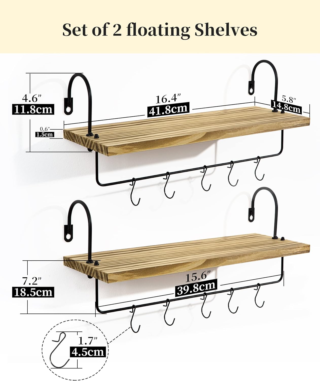 Floating Shelves with Hooks, Wall Mount Mug Holder Coffee Bar Accessories Wood Kitchen Organizer Storage with Towel Rack for Bathroom Set of 2