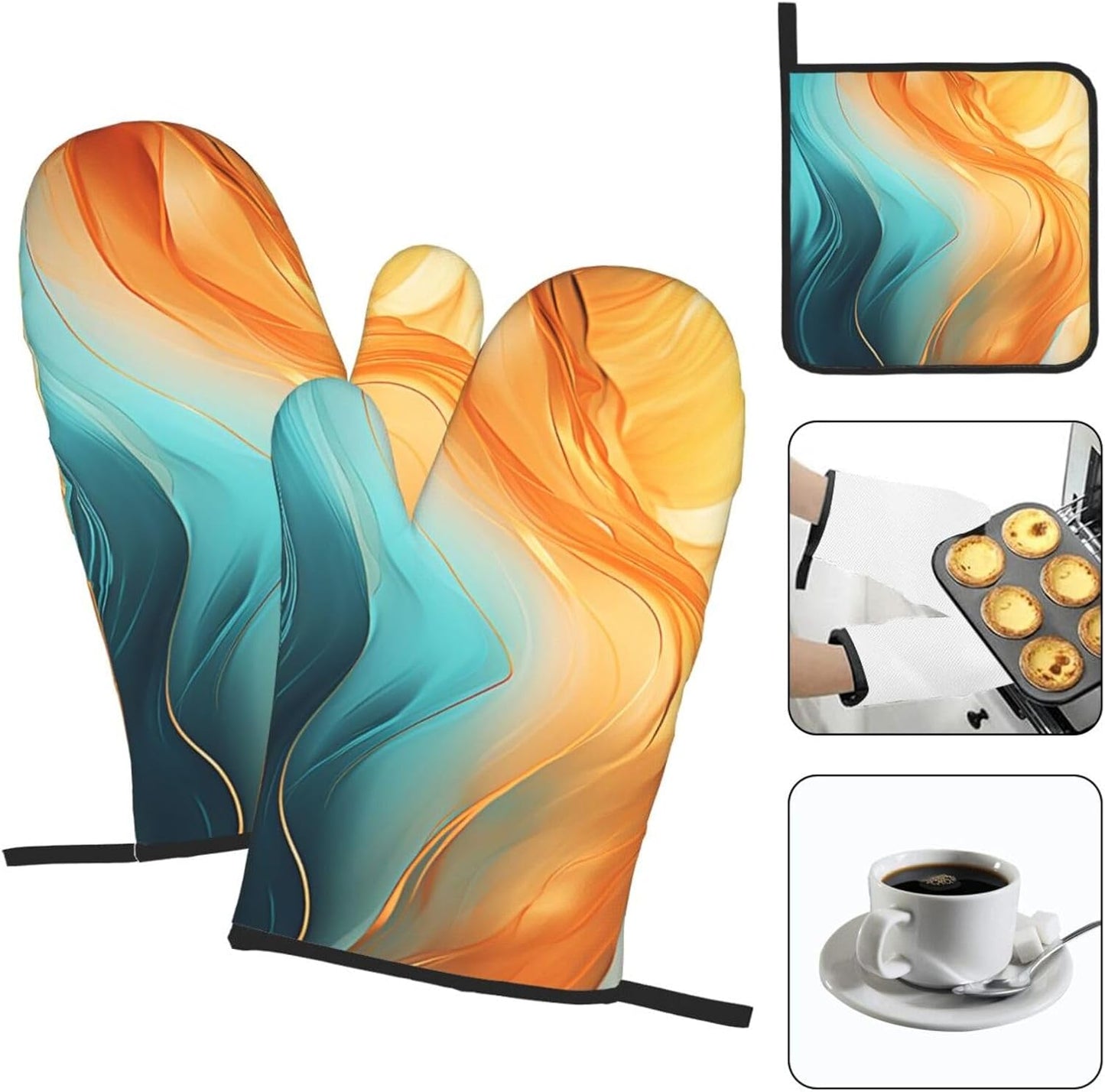 Orange Teal Marble Oven Mitts and Pot Holders Sets of 3 Kitchen Hot Pads Modern Oven Gloves Heat Resistant Washable for Cooking Grilling Baking Holiday Kitchen Decor