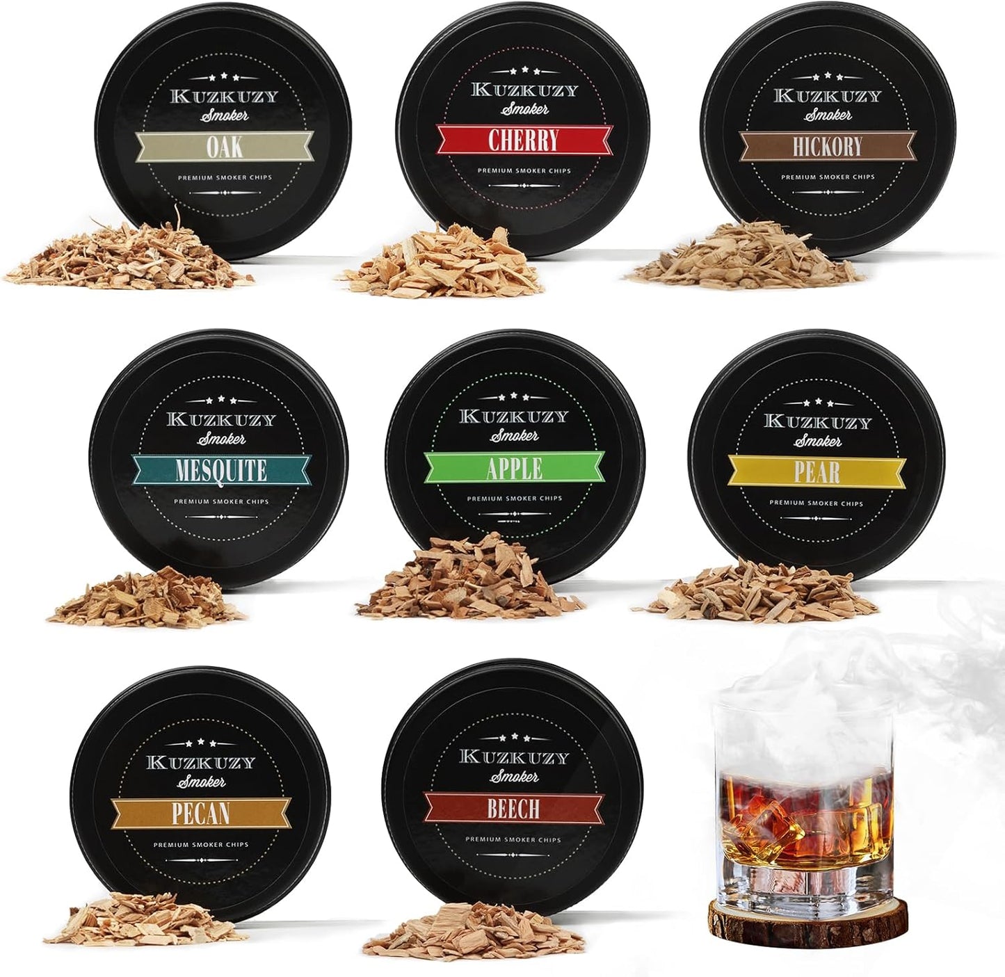 Cocktail Smoker Wood Chips Variety Pack - 8 Unique Flavors for Bourbon Whiskey Smoker Kit - Apple, Hickory, Cherry, Pear, Oak, Pecan, Beech, Mesquite, Perfect for Gift for Whiskey Lover & Home Bar