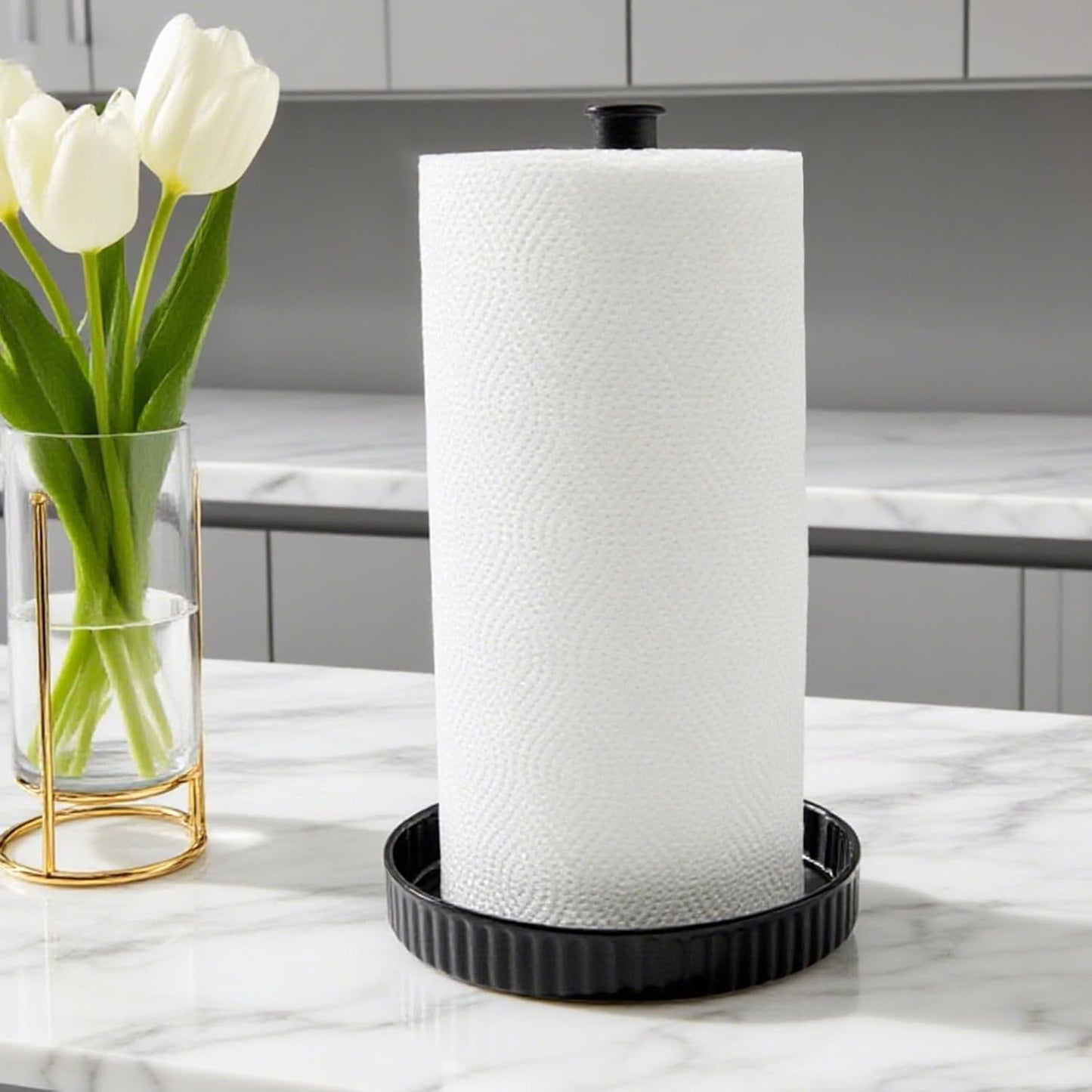VROOMIUM Paper Towel Holder Countertop, Ceramic Base Easy-to-Clean, 1.5 lbs, 7" B x 12.5" H, Stable Elegant and Durable Kitchen Roll Stand, Classic Black