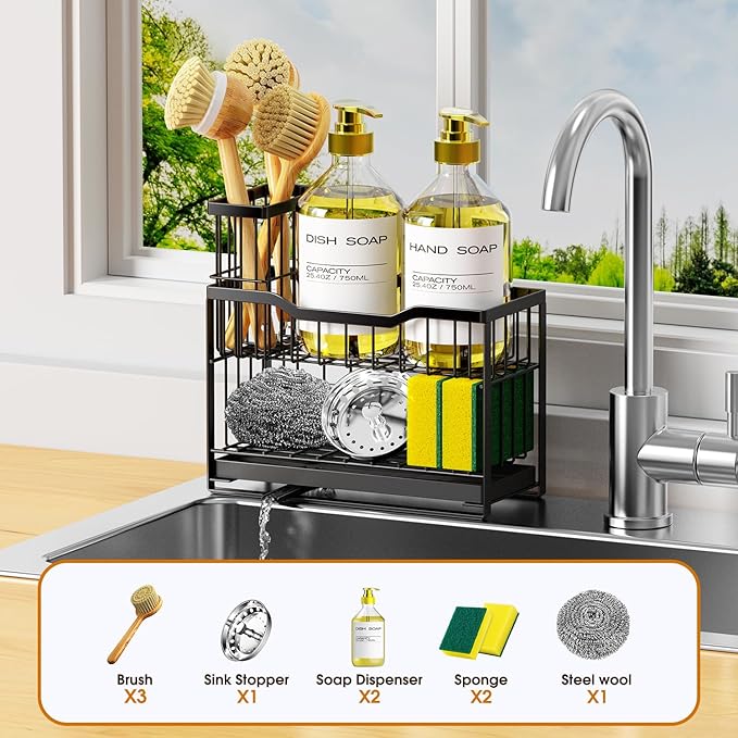 2-Tier Rustproof Kitchen Sink Caddy with Self-Draining Tray, Dish Brush & Sponge Holder, Non-Slip Base - Black