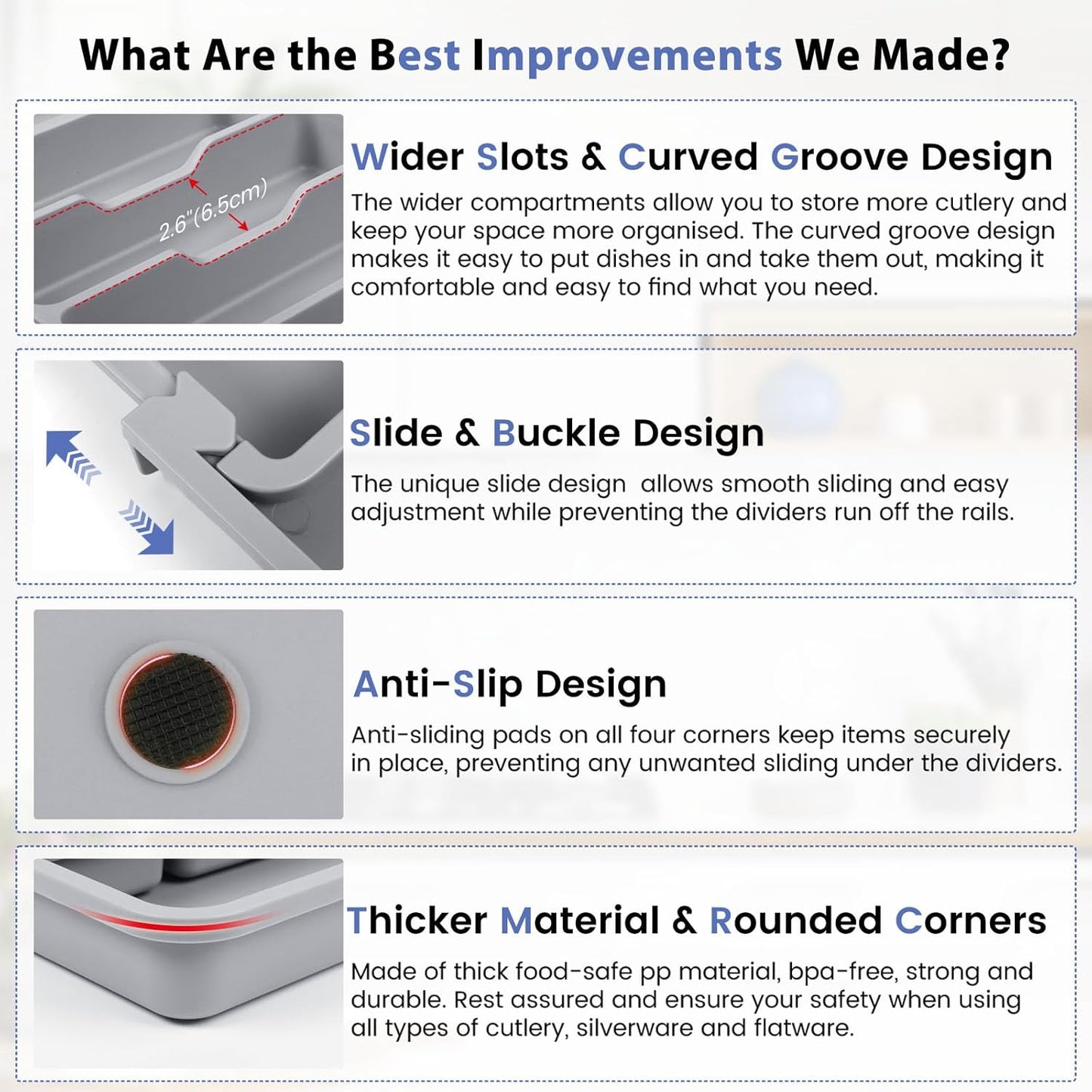 Caperci Large Silverware Organizer for Kitchen Drawer & Utensils - Expandable Drawer Organizer for Cutlery, Flatware & Gadget, BPA-Free Thick Plastic, Wider Compartments & Non-skid Feet (Medium Gray)