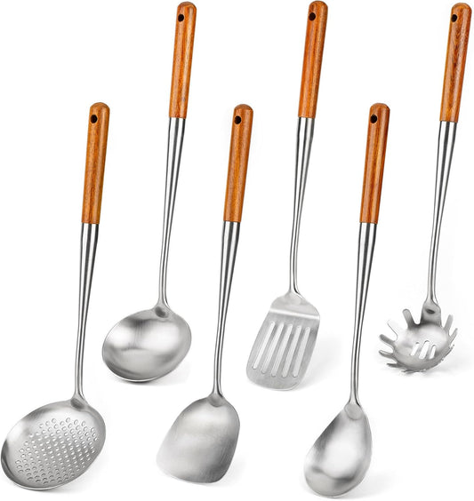 FJNATINH 304 Stainless Steel Kitchen Utensil Sets-6 PCS Wok Spatula Sets Cooking Utensil Tools Spatula, Soup Ladle, Skimmer, Slotted Spatulas Tunner, Spaghetti Spoon