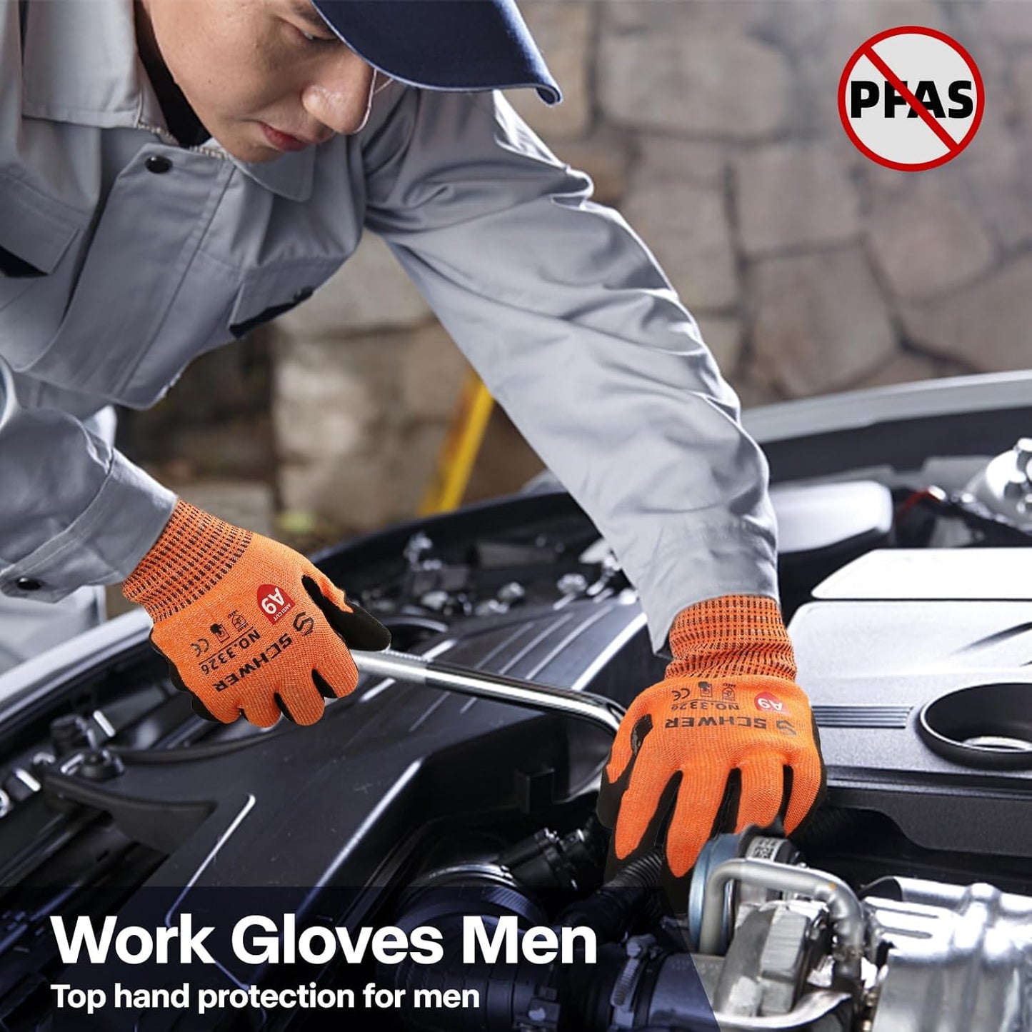 Schwer ProGuard Highest Level Cut Resistant Work Gloves PR3326 for Extreme Protection，ANSI A9 Cut Gloves with Reinforced Thumb, Non Slip, Breathable, Durable, Touch-screen, Non PFAS, Orange1 Pair（S）