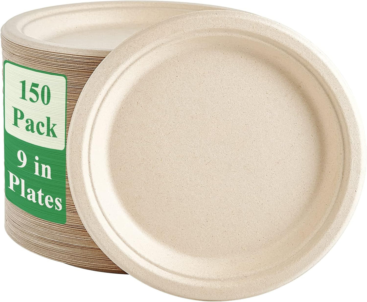 Vplus 150 Pack Paper Plates 9 inch 100% Compostable, Heavy-Duty Disposable Paper Plates Bagasse Natural Biodegradable Eco-Friendly Sugarcane