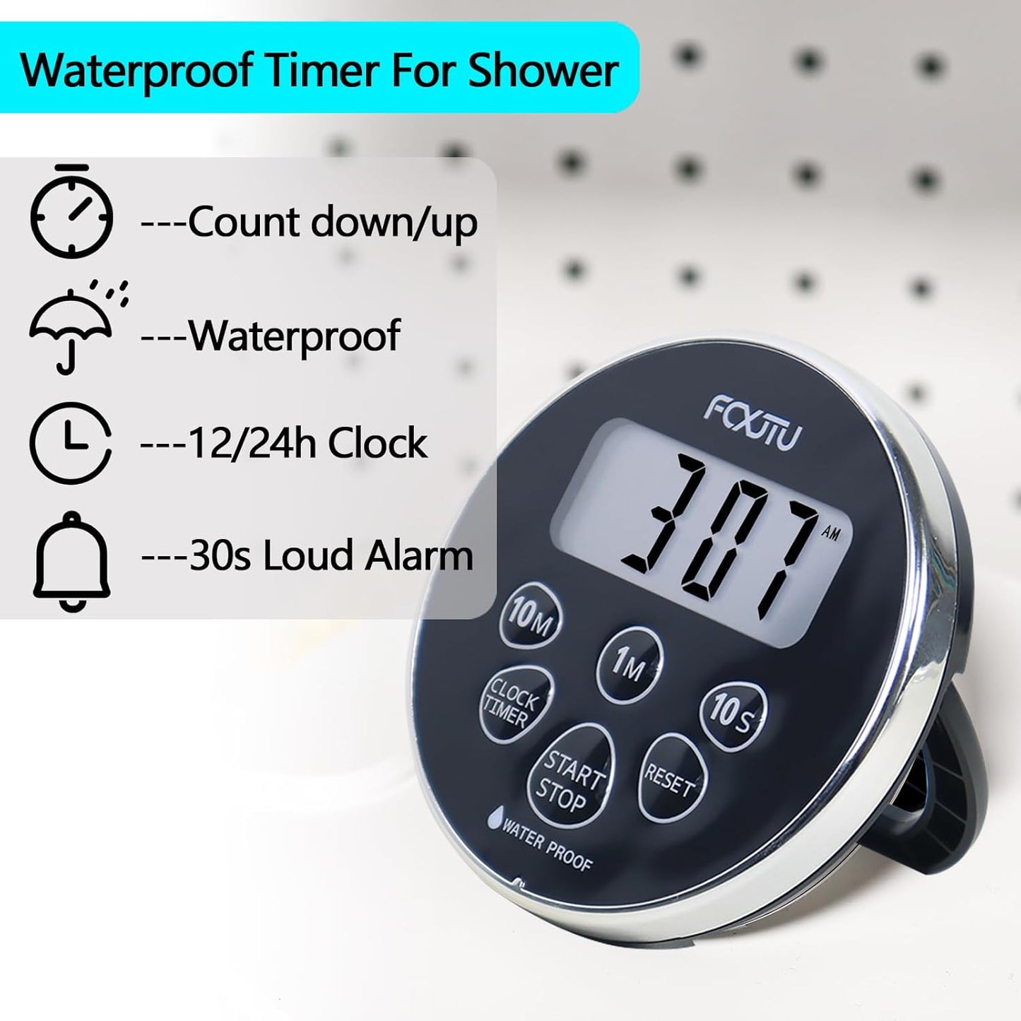FCXJTU Digital Waterproof Shower Clock Timer, Bathroom Shower Countdown Timer for Kitchen Cooking with Alarm, Magnetic Back, Stand Silver Black