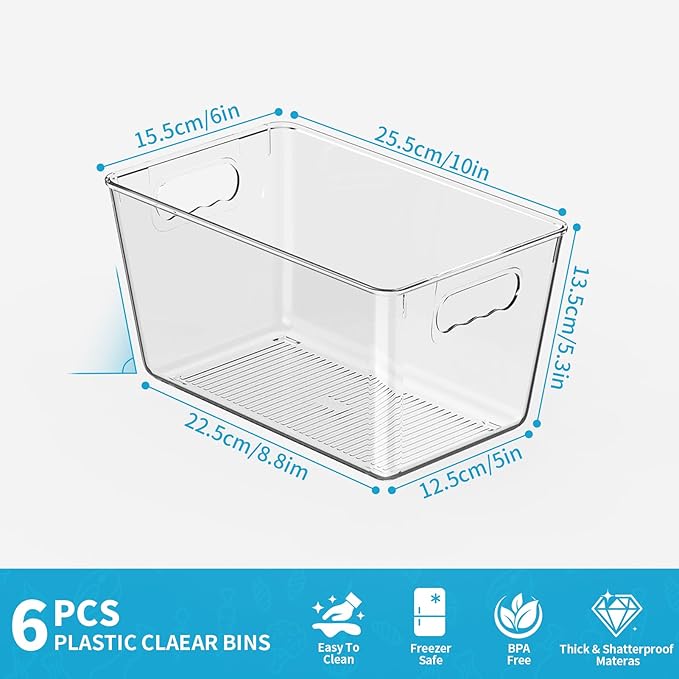 Clear Pantry Organizer Bins, Storage Containers & Plastic Containers with Handle, Cabinet Organizer, Home Organization Must Haves for Kitchen, Laundry Room, Office, Closet & Freezer (6 Pack)