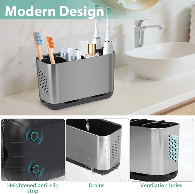 Boperzi Toothbrush and Toothpaste Holder Brushed Nickel Drainage for Bathroom Vanity, Large Electric Toothbrush Storage Caddy Anti-Slip Rustic with Adjustable Dividers for Family, Kids