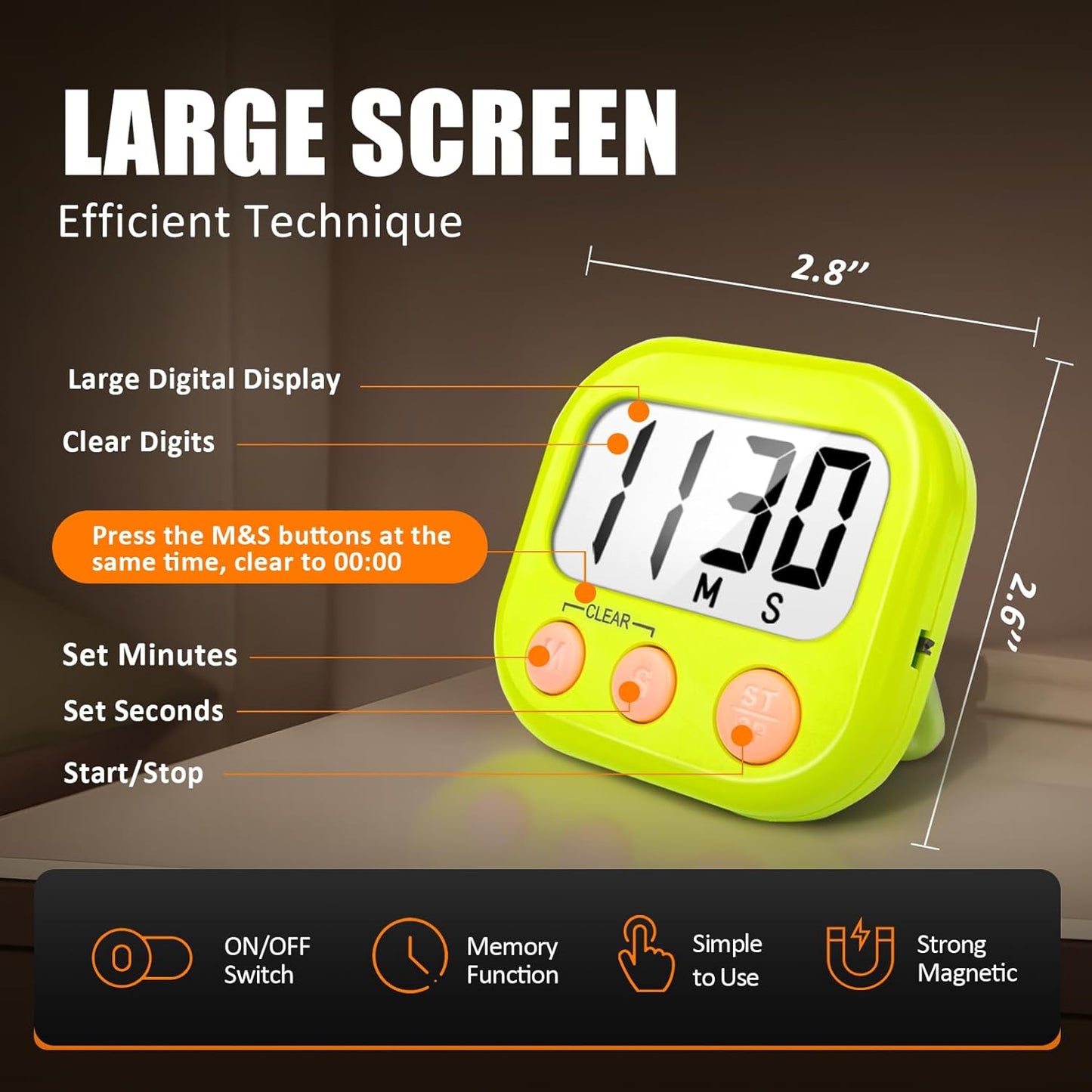 6 Pack Digital Kitchen Timers for Cooking Magnetic Timer for Cooking Loud Alarm Green