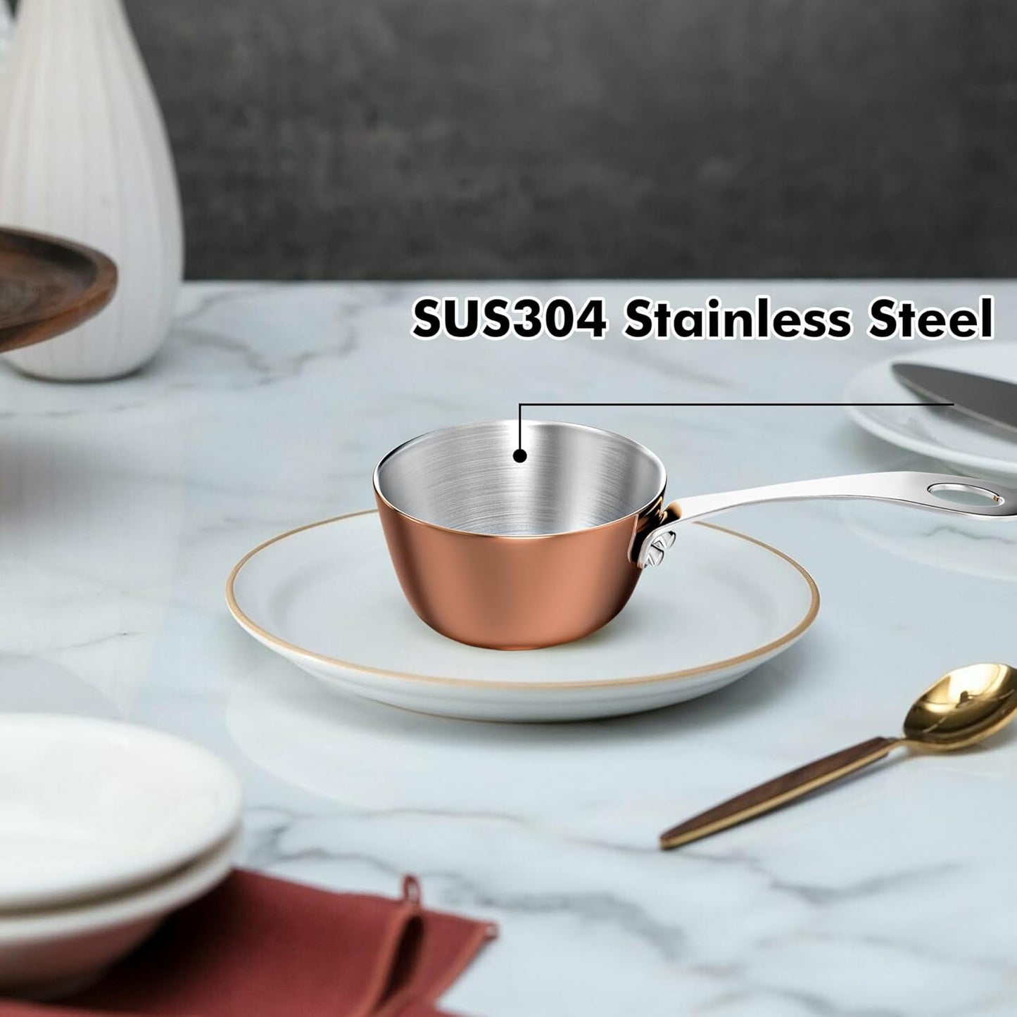 Macevia Mini Sauce Pan,Copper Stainless Steel Butter Warmer Small Pot with Handle, Multipurpose Use for Home Kitchen or Restaurant (5oz/150ml)