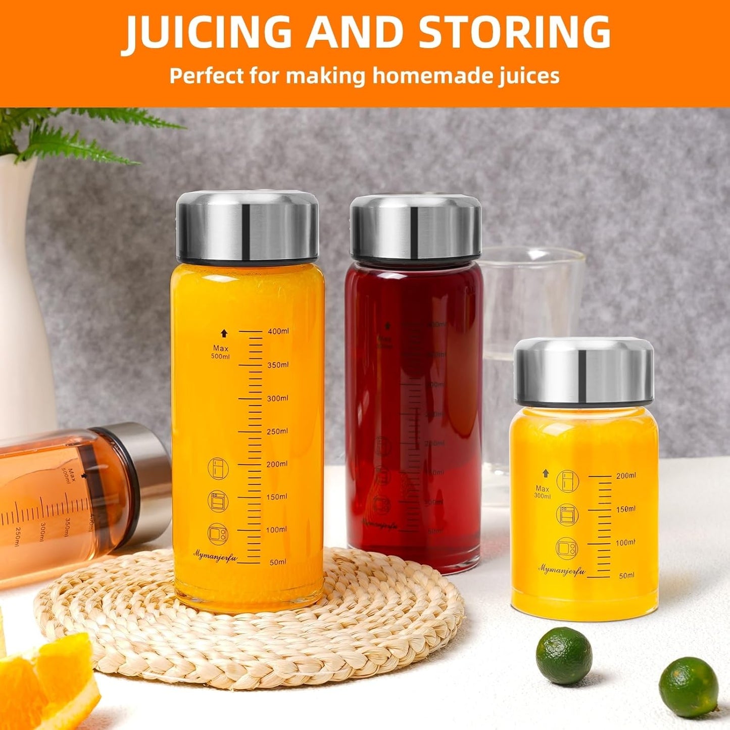 Glass Juice Bottles 6 Pack 10 oz - Wide Mouth Glass Water Bottles with Lids - for Juicing, Smoothies, Milk, Protein, BPA Free, Reusable, Stainless Steel Lids, Leak Proof, Shaker bottle (10oz/300ml)