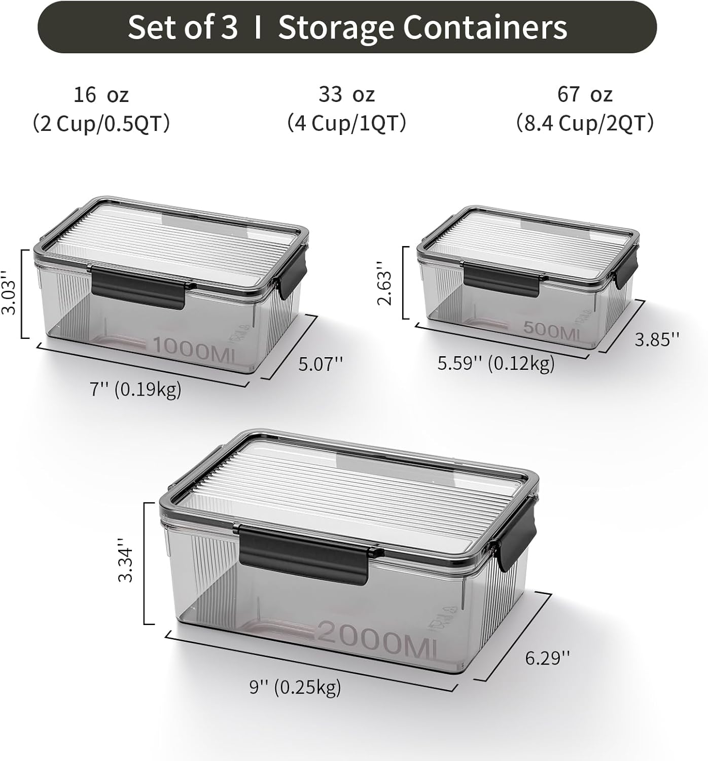 Eclirgan Food Containers with Lids/Lock,Rectangle Food Container Set with Leakproof/BPA Free,Clear Freezer Storage Set for Lunch/pantry/Travel/Deli Food(16/33/67 OZ)