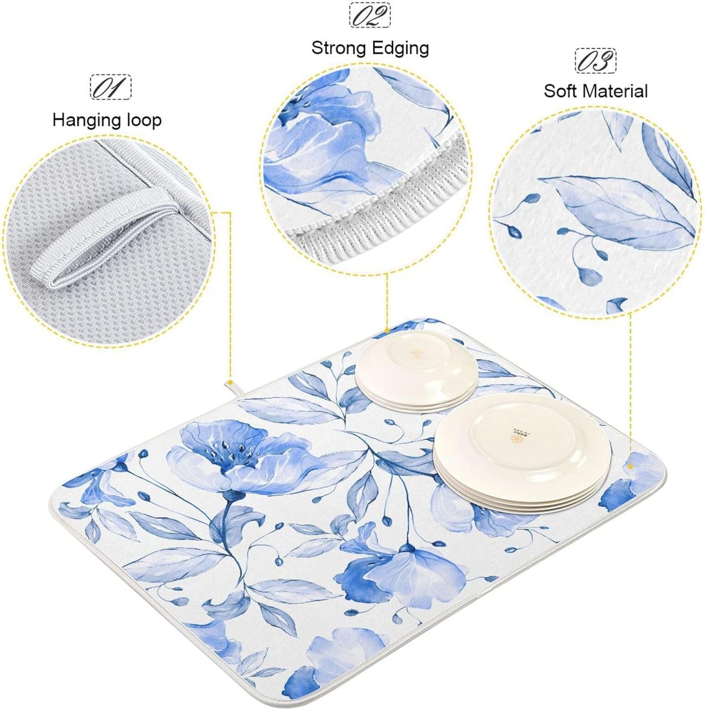 Spring Blue Flowers Leaves Dish Drying Mat for Kitchen Counter Absorbent Microfiber Drying Pad, Large 18x24 in, Reversible Drainer Mats