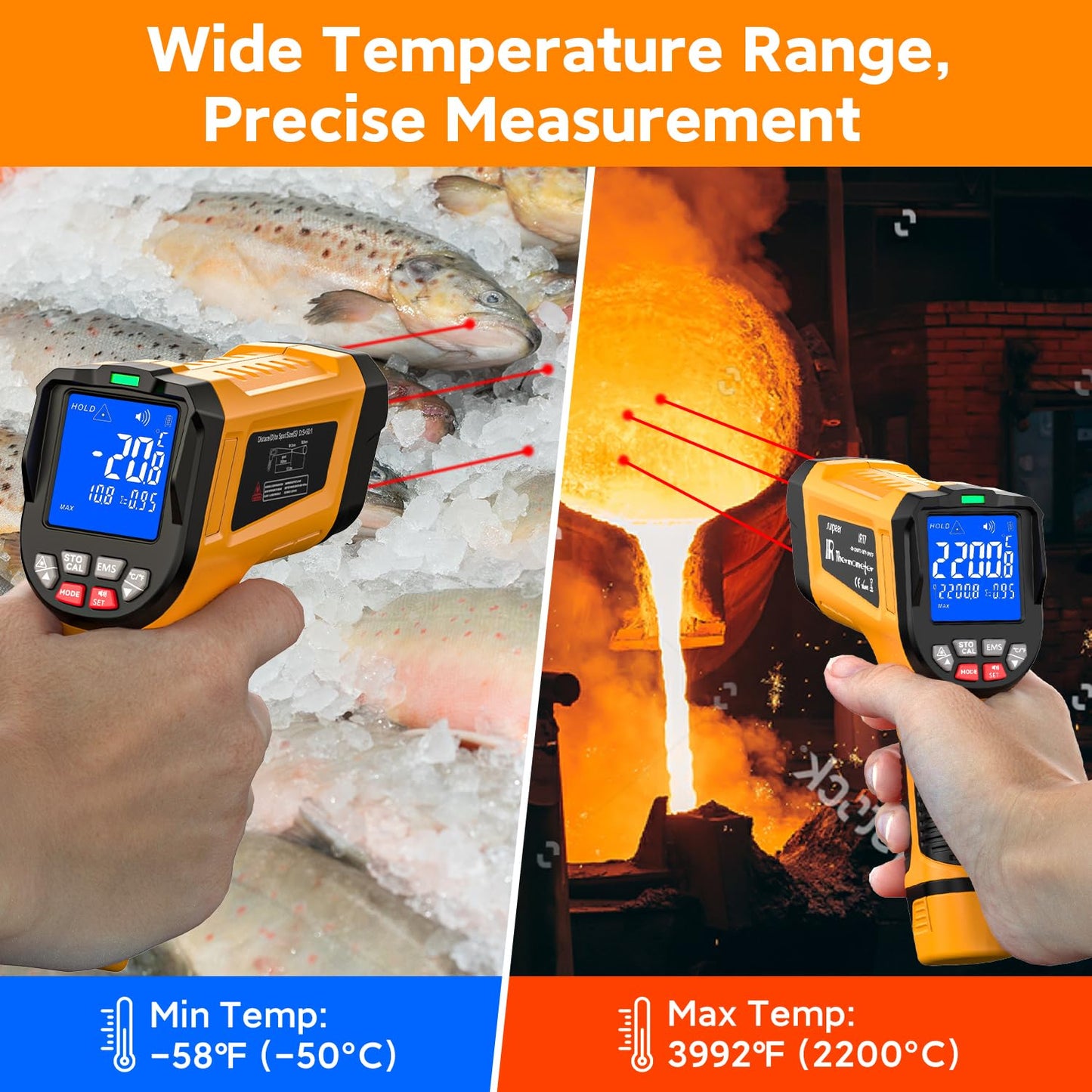 -58°F to 3992°F Infrared Thermometer IR Gun, High-Temp Digital Temperature Gun 50:1 Non-Contact Pyrometer & Triple Laser for Kiln, Forge, Furnace, Engine, HVAC, Industrial Use