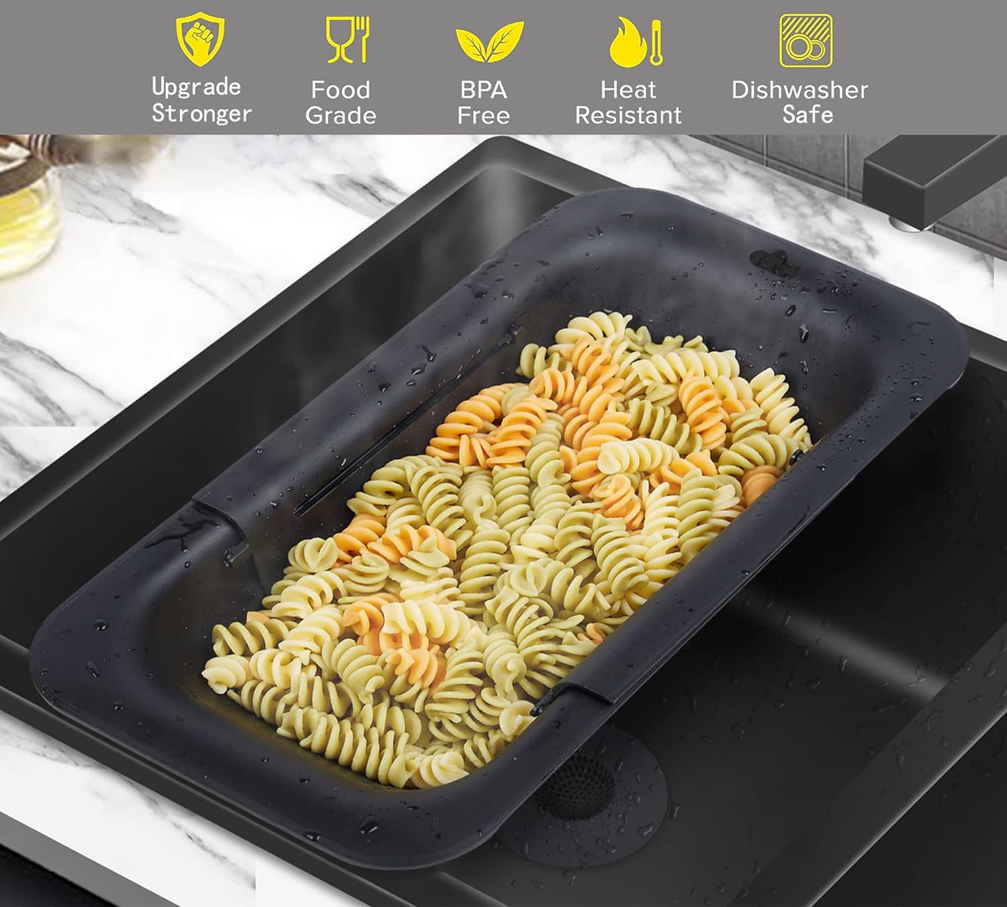 Adjustable Over the Sink Colander Strainer, Silicone Clip On Strainer for Pots Strainers and Colanders Plastic Drainer Basket for Food Pasta Vegetables Kitchen, Extendable 14.5"-19.5", Black