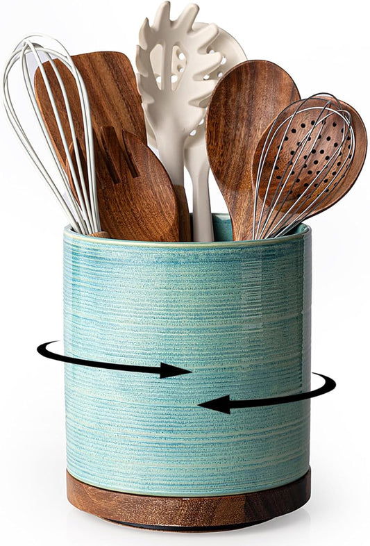 Utensil Holder, 360° Rotating Extra Large Ceramic Kitchen Utensil Holder for Countertop, Cooking Utensil Crocks for Counter with Rotatable Wooden Base, Farmhouse Kitchen Decor, Green