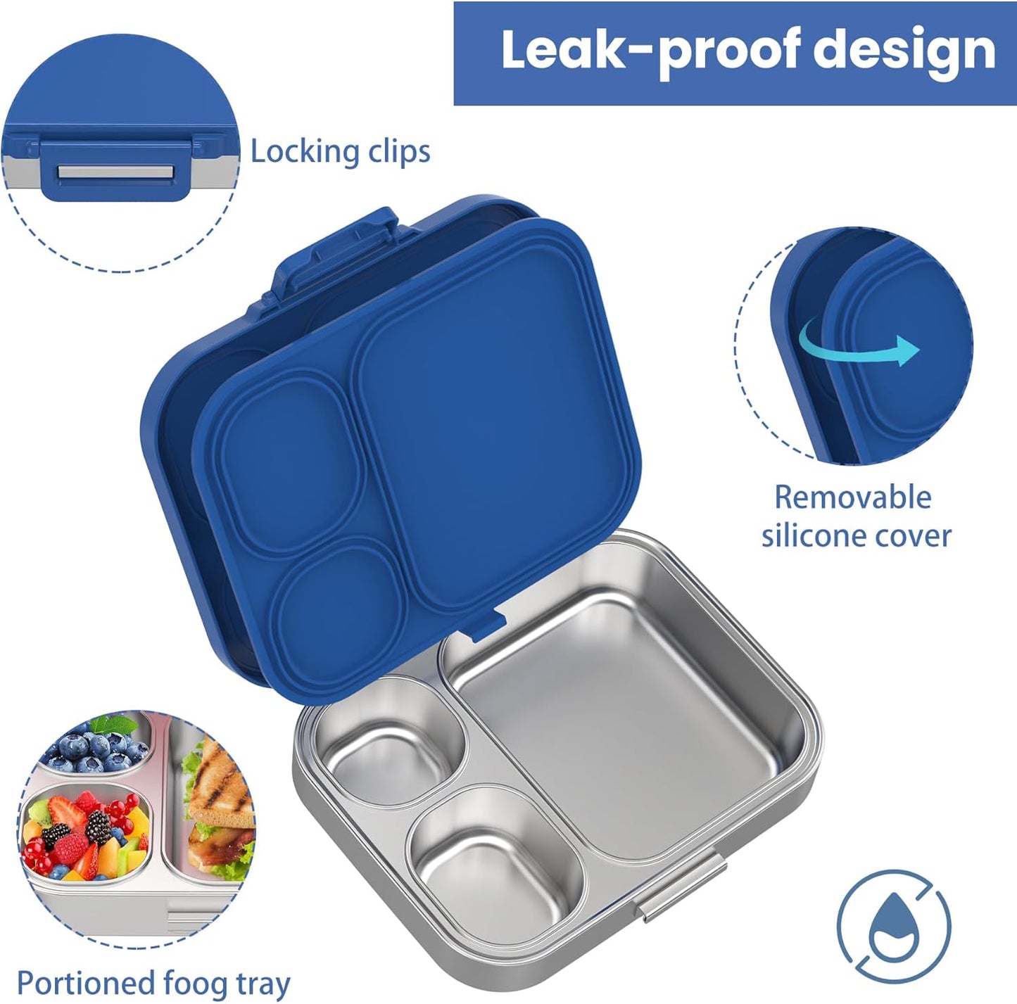 Stainless Steel Bento Lunch Box for Kids | 3-Compartment Lunch Box Container Kids | 100% Leakproof, Dishwasher-Safe, Eco-Friendly, Perfect Portion Control for Kids&Adult Healthy Meals (Blue)