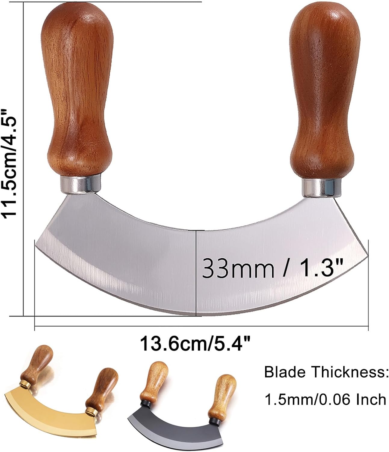 5.4 Inch Stainless Steel Mezzaluna Knife - Salad Chopper Rocker Pizza Cutter Rocker Knife Curved Blade Sharp Blade Double Acacia Wood Handle Fruit Vegetable Mincing (5.4 Inch Black)