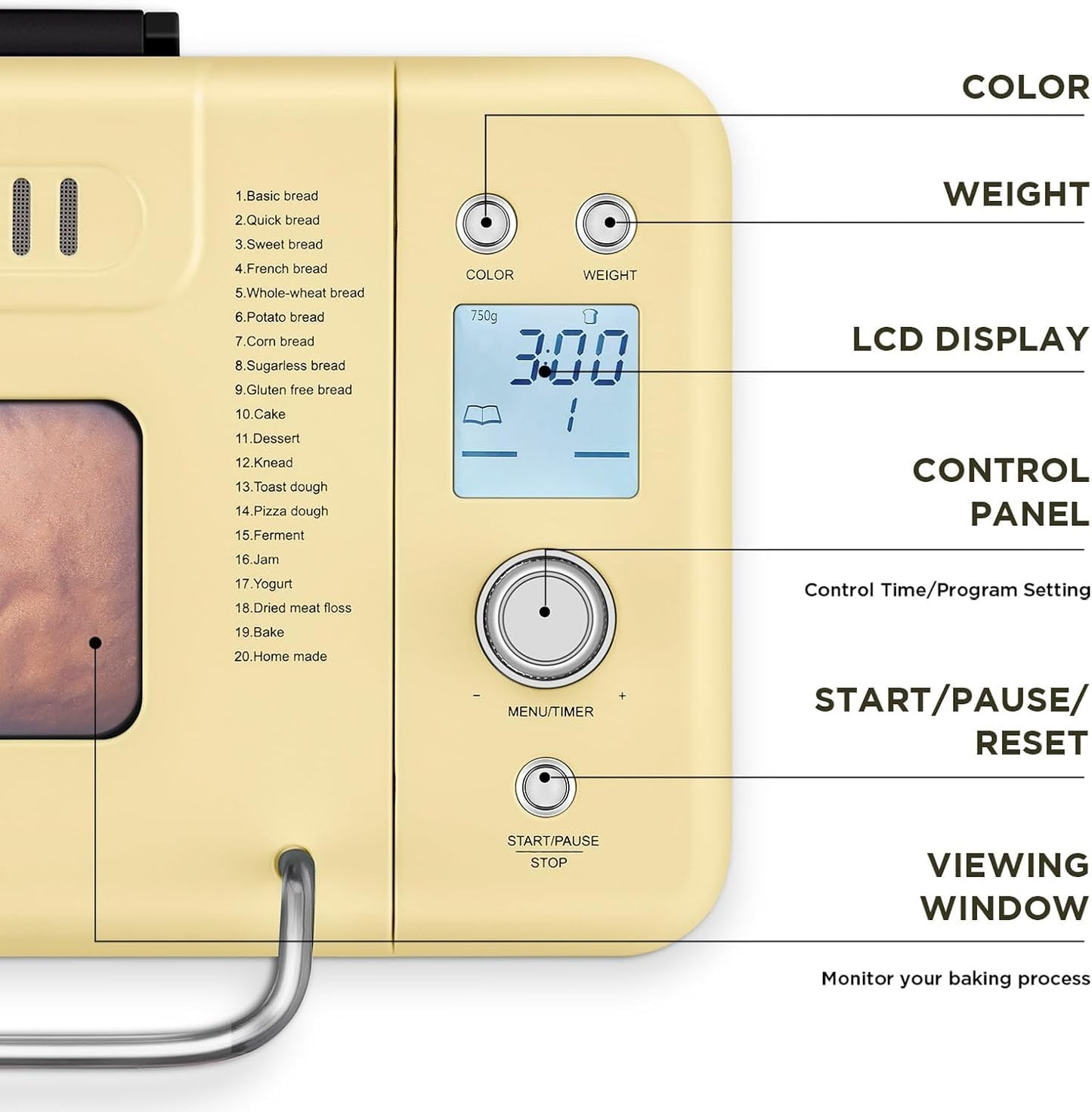 Neretva 20-IN-1 Bread Maker, Dual Heater 2LB Bread Machine Stainless Steel Bread Maker Machine Nonstick Ceramic Pan Compact for Gluten Free/Sourdough/Whole Wheat Bread/Yogurt, Breadmaker Recipe-Yellow
